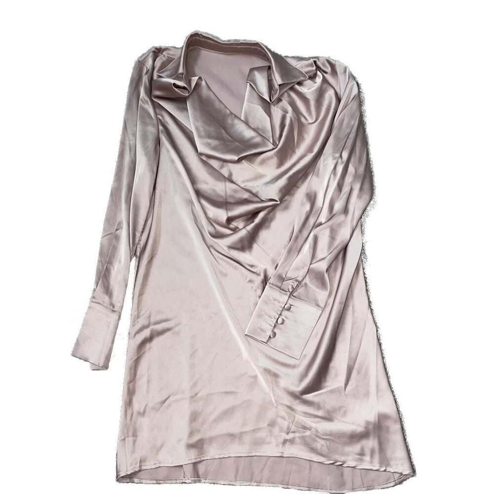 LYANER Women's Satin Collar Neck Drape Ruched Front Long Sleeve